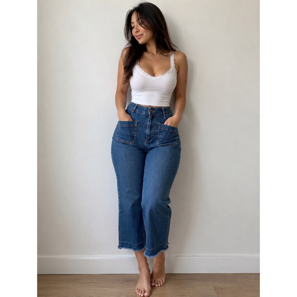Bagatelle Collection High Rise Wide Leg Crop Jeans Raw Hem Blue Size 26 82299 - Picture 2 of 9